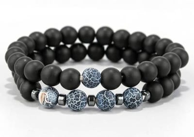 Kralen Armbanden Set Heren- 2 stuks Zwart Marmerlook Moonstone - Steen- Man- LiLaLove