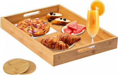 Famanu - Houten dienblad met handgrepen voor het serveren van voedsel, rechthoekige grote bamboe dienblad voor het eten van voedsel, diner, ontbijt thee, gratis 2 onderzetters (40 x 28 cm)