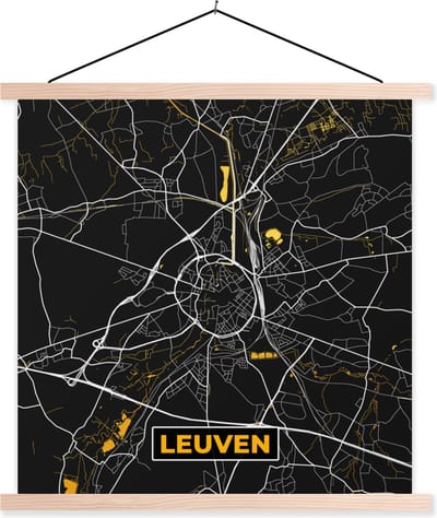 Posterhanger incl. Poster 40x40 cm - Schoolplaat - Leuven - Goud - Stadskaart - Plattegrond - Kaart - Textielposter - Blanke latten - Stadskaart
