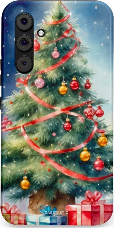 Casetastic hoesje geschikt voor Samsung Galaxy A54 (2023) 5G - Dubbellaagse bescherming - Aquarel Kerstboom Cadeau - Fashion Case - Grijs Donkerblauw Saliegroen Beige