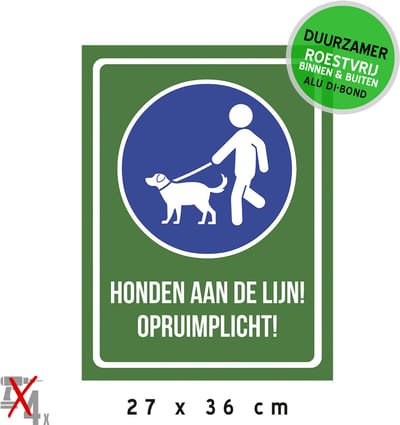Pictogram/ bord Dibond | "Honden aan de lijn! Opruimplicht!" | 27 x 36 cm | Viervoeter | Hond | Park | Leiband | Groen | Poep | Aangelijnd | Duurzaam | Roestvrij | Verkleurd niet | 1 stuk