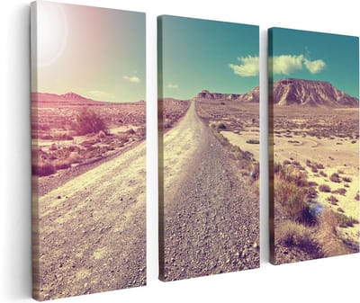 Artaza Canvas Schilderij Drieluik Pad In Het Woestijn Landschap Met De Zon - 120x80 - Foto Op Canvas - Canvas Print