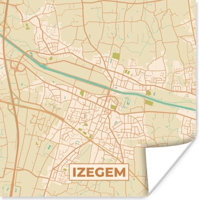 Poster België - Kaart - Stadskaart - Plattegrond - Izegem - 100x100 cm XXL