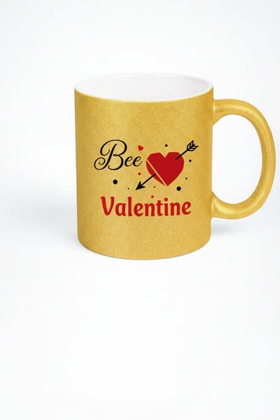 Gouden Glitter Valentijn Mok 'Bee Valentine' met Hart en Pijl Design