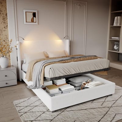 Gestoffeerd Tweepersoons Bed 140x200 - Met LED Verlichting en USB-C Oplaadpunt