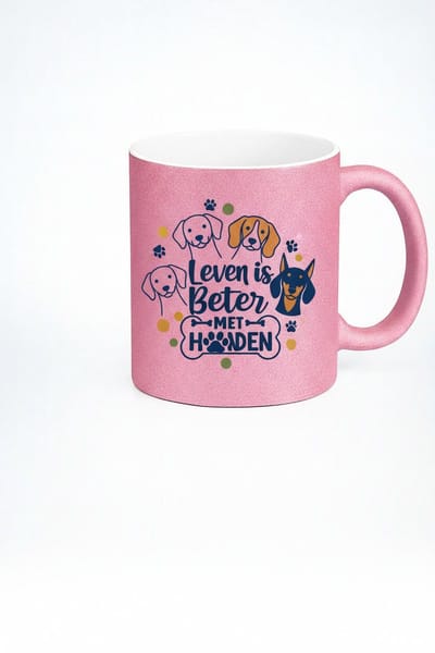 Leven Is Beter Met Honden Mok 330ml – Roze Keramische Koffiemok met Schattige Honden Illustratie – Perfect Cadeau voor Hondenliefhebbers
