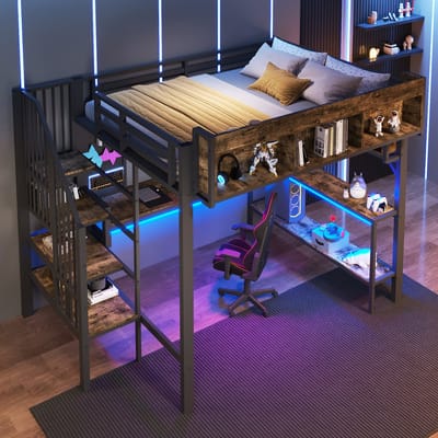 Hoogslaper - 140x200 - Hoekbureau Opbergruimte Prikbord LED USB-C Stopcontact - Onbekend - Bruin-Zwart