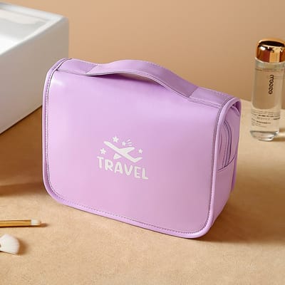Toilettas Ophangbaar, Make-Up Tasje met Haak, Make Up Koffer, Reistas, Beautycase, Toilettas Dames, Make Up Tas Organizer, Make Up Etui, Reistas, Beautycase Koffer, Toilettas voor op Reis met Draaggreep en Haak, PU-LEER, Waterdicht, 41x24x8 CM, PAARS
