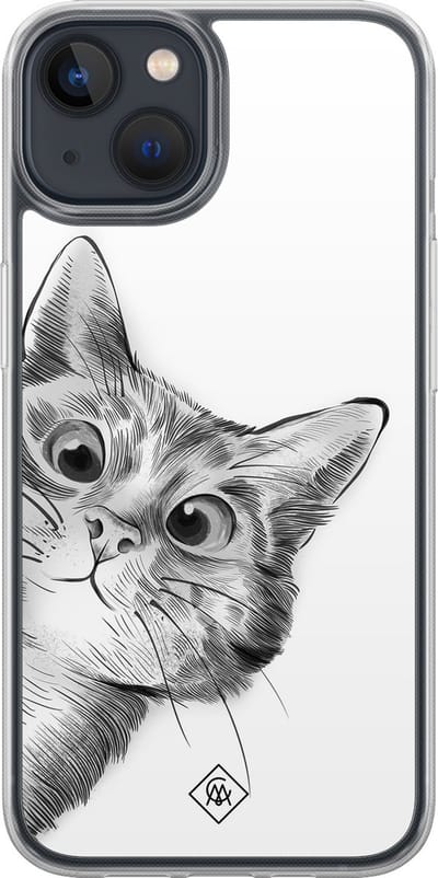 Casimoda® hoesje - Geschikt voor iPhone 13 Mini - Kat Kiekeboe - 2-in-1 case - Schokbestendig - Illustratie - Verhoogde randen - Wit, Transparant