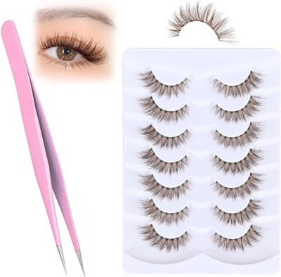 Allecto Plus - 7 paar bruine kunstwimpers voor natuurlijke kattenogen look - C-curly stijl - donkerbruin - 13 mm lengte - inclusief pincet
