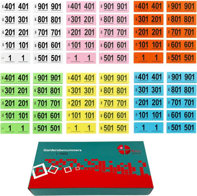 Benza - Garderobenummers cloakroom – Set 1 t/m 1000 – Dubbele Tickets - 6 kleuren
