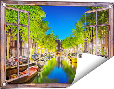 Gards Tuinposter Doorkijk Amsterdamse Gracht in de Nacht - 60x40 cm - Tuindoek - Tuindecoratie - Wanddecoratie buiten - Tuinschilderij