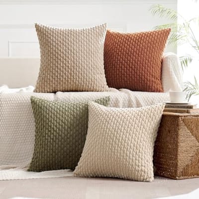 Set van 4 geribbelde kussenslopen van katoen, decoratieve kussenhoezen 45x45 cm, moderne bankkussens voor woonkamer en slaapkamer, bruin-groene kleur met onzichtbare rits