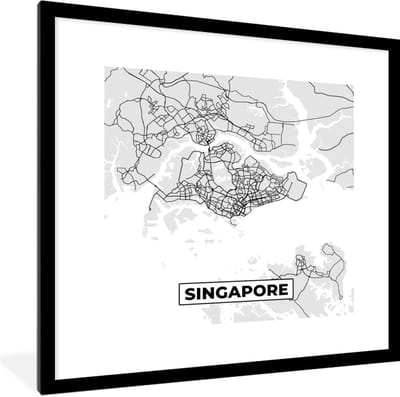 Fotolijst incl. Poster Zwart Wit- Singapore - Plattegrond - Stadskaart - Zwart Wit - Kaart - 40x40 cm - Posterlijst