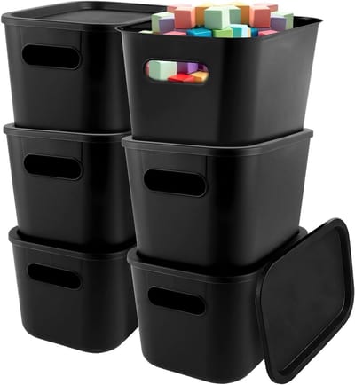 Set van 6 Opbergdozen met Deksel, 5 L, Stapelbare Opbergboxen met Handvat, 25 x 17,5 x 15 cm, Plastic Opbergmanden voor Keuken, Badkamer en Kantoor