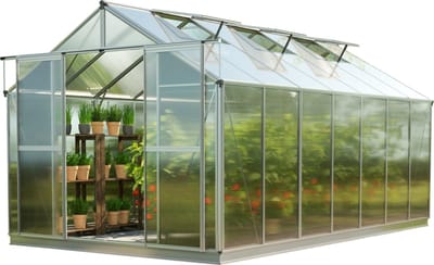 GFP tuinkas TOPAS 7 aluminium 225x449 cm, 6 mm kanaalplaten polycarbonaat, met fundamentframe & automatische dakraamopener