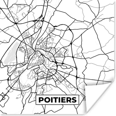 Poster Frankrijk - Plattegrond - Poitiers - Stadskaart - Kaart - Zwart wit - 100x100 cm XXL