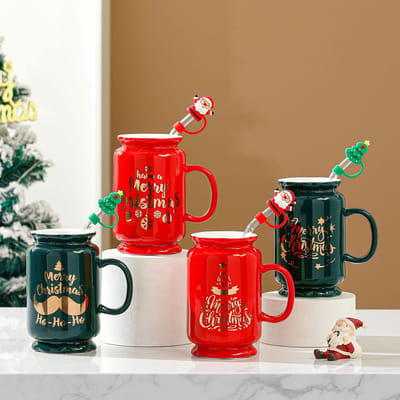 Goudgeverfde Snor Kerst Steekbeker met Tuit Grote Capaciteit Souvenir Opening Klein Cadeau Enkele Beker Ins Wind Beker 480ML red