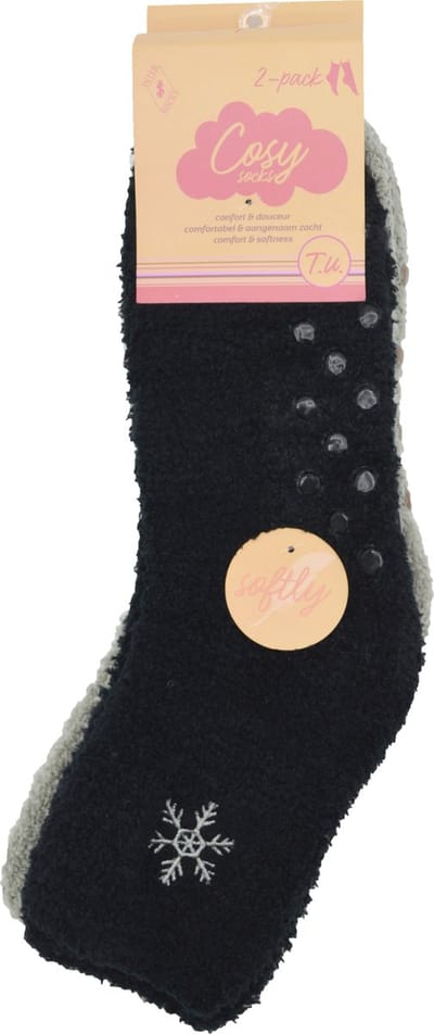 Huissokken anti slip- cosy socks- 2 paar zwart-grijs