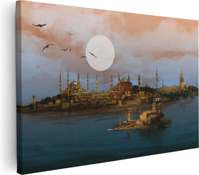 Artaza Canvas Schilderij Skyline - 30x20 cm - Klein - Wanddecoratie Zonsondergang - Muurdecoratie Istanbul - Kamer Accessoires Boot