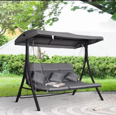Schommelbank 3-persoons met ligfunctie 210x145x160 cm met verstelbaar zonnedak en kussens – luxe tuin schommelbed, weerbestendig loungeset voor terras en tuin – beige – Urbanhome