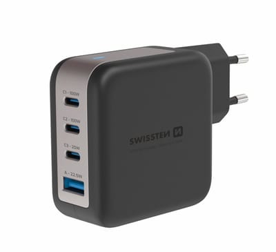 Swissten Snellader met 4 Poorten - 100W - GaN Technologie - 3x USB C Poort & 1x USB-A Poort - Geschikt voor laptop, smartphone en tablet