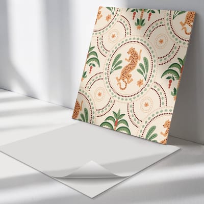 Wallfluent Vinyl Tegels - Tropisch Luipaardpatroon Zelfklevende Vinyltegels - 30 cm x 30 cm - Romig Vinyl Tegels - 9 stuks - Vierkant PVC Tegels - Dieren Plaktegels - Vloer Tegels PVC - Plaktegels Keuken en Badkamer
