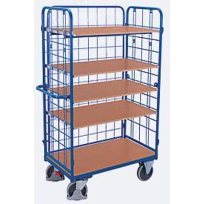 Etagewagen van draadgaas, staal/MDF-plaat, decor gentiaanblauw/beuken, 1 etage, 1000 x 700 mm, inhaakbare langswand, EasySTOP, tot 500 kg