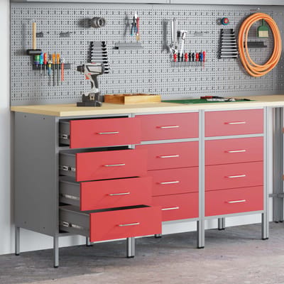 vidaXL - Werk - Cabinet - met - lade - 3 - st - Rood - en - Grijs - 150 - x - 55 - x - 85 - cm