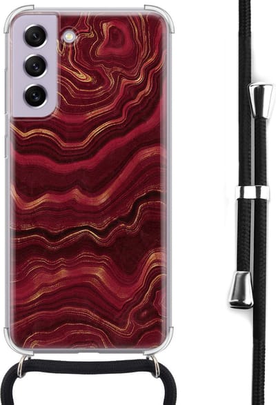 Hoesje met koord - Geschikt voor Samsung Galaxy S21 FE - Marmer rood agate - Verstelbaar zwart koord - Crossbody - Marmer - Transparant - Leuke Telefoonhoesjes