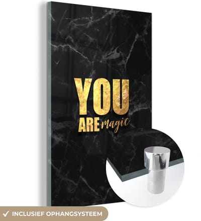 MuchoWow® Glasschilderij 40x60 cm - Schilderij acrylglas - Quotes - Magic - Goud - Marmer - Foto op glas - Schilderijen