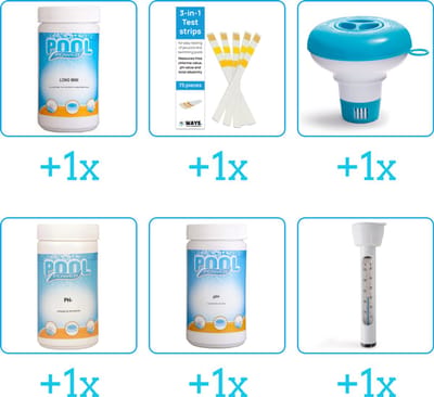Zwembad Onderhoudspakket - Onderhoud Zwembad - bevat Chloor - Testrips - Chloordrijver - PH-min - PH-plus en Thermometer (6-delig)