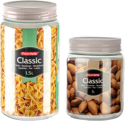 Plasticforte - Voordeelset 12x kunststof keuken voorraadpotten - weckpotten 1.0 en 1.5 liter - taupe deksel