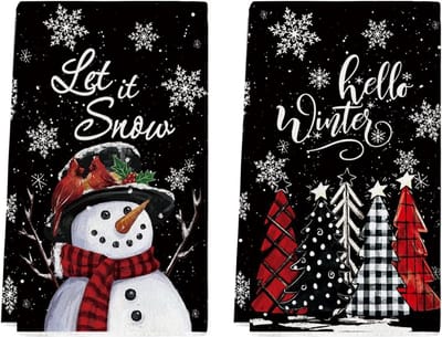 Set van 2 Keukenhanddoeken Kerst Sneeuwpop en Winterdecoratie Theedoeken 45 x 66 cm