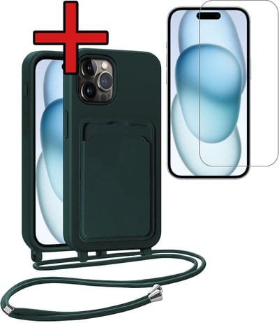Hoesje Geschikt voor iPhone 14 Pro Hoesje Met Telefoonkoord en Pasjeshouder Met Screenprotector Siliconen - Hoes Geschikt voor iPhone 14 Pro Hoesje Met Kaarthouder Case - Donkergroen