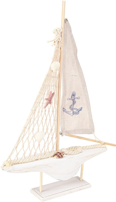 Zeilboot decoratie hout grenen op voet naturel wit H39cm