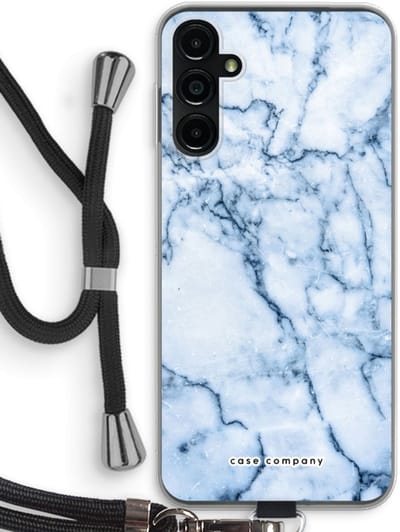 Case Company® - Hoesje met koord geschikt voor Samsung Galaxy A14 hoesje met Koord - Blauw marmer - Telefoonhoesje met Zwart Koord - Bescherming aan alle Kanten en Over de Schermrand