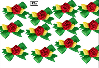 12x Broche roosje met strikje rood/geel/groen - Carnaval thema feest optocht onderscheiding festival feestje