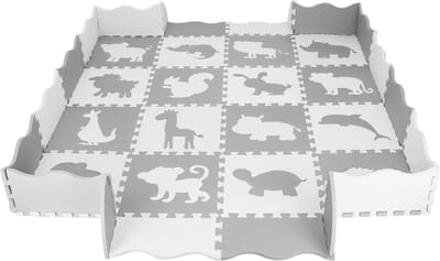Springos Speelmat | Speelmat Foam | Puzzelmat | Figuren | Dieren | 16 puzzelstukken | 150 x 150 cm | Creme/Grijs