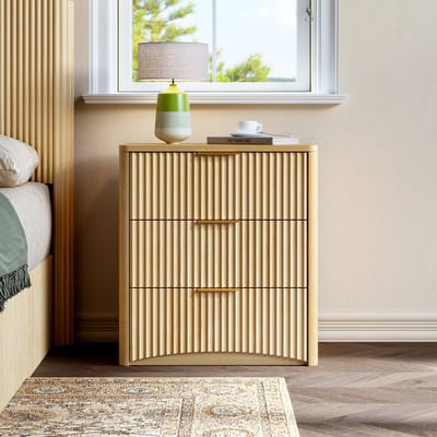 MODENUIT Nachtkastje - 3 Laden Met Geribbelde Fronten - Voor Slaapkamer - MDF Eikenkleur - 58x38x64 Cm