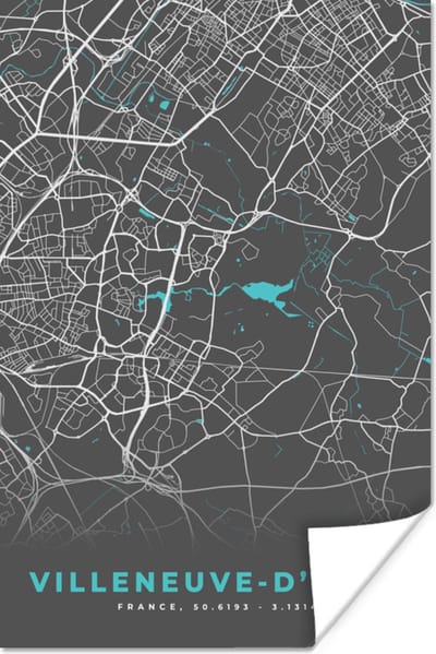 Poster Villeneuve-d'Ascq - Frankrijk - Stadskaart - Kaart - Plattegrond - 120x180 cm XXL