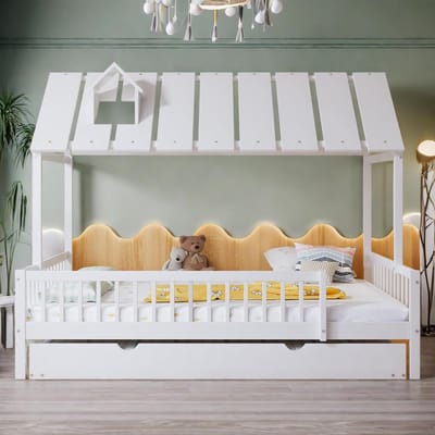 Huisbed Kinderbed 120x200cm met Uitschuifbed en Veilige Omheining