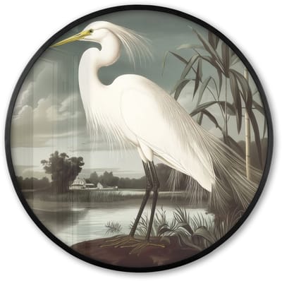 Poster in lijst Rond - Fotolijst 60x60 cm - Posters - Reiger - Planten - Wolken - Wit - Ronde posterlijst zwart - Decoratie - Wanddecoratie woonkamer - Muurdecoratie slaapkamer