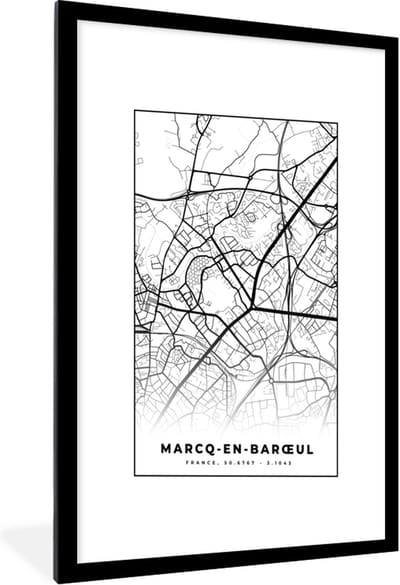 Fotolijst incl. Poster Zwart Wit- Kaart – Stadskaart – Marcq-en-Barœul - Frankrijk – Plattegrond - Zwart wit - 60x90 cm - Posterlijst