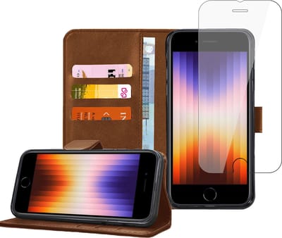 Geschikt voor iPhone SE 2022 Book Case Hoesje - Screenprotector - Flip Portemonnee Bruin met Screen Cover Tempered Glas