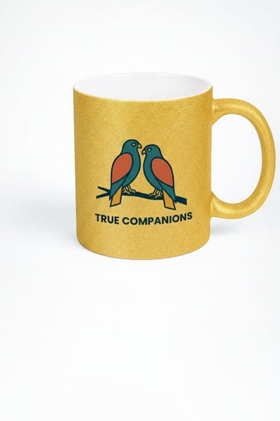 Gouden Glitter Mok met Liefdesvogels & 'True Companions' Tekst - Cadeau Vriendschap & Liefde