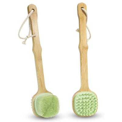 Brosse de douche à poils naturels avec long manche en bois amovible, exfoliante pour la peau sèche, outil de nettoyage et de massage corporel 1pc vert