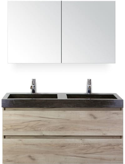 Maxx XL Badmeubelset 120 cm - Craft Oak - Wastafel Lucca Dubbel 2 Kraangaten met Spiegelkast