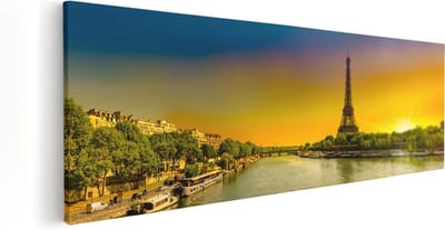 Artaza Canvas Schilderij Parijs - 60x20 cm - Wanddecoratie Zonsondergang - Muurdecoratie Frankrijk - Schilderijen Op Canvas Stad