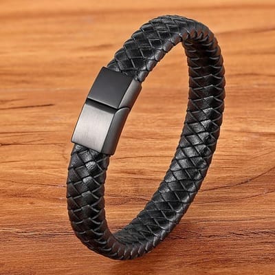 Bracelet à breloques magnétique en acier inoxydable pour homme, en cuir véritable tressé, style punk rock, accessoires de bijoux, ami 19cm black
